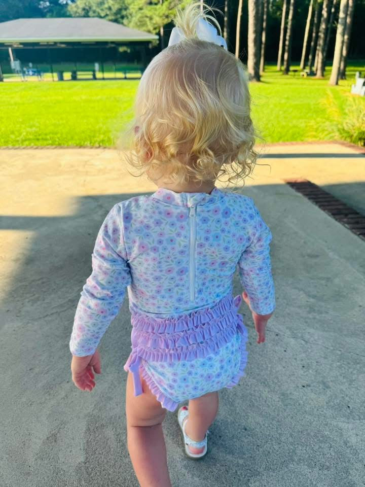 RTS: Blakely Floral & Collin Stripes- Girls Floral 1pc Long Sleeve Rash Guard Swim (Without Monogram)