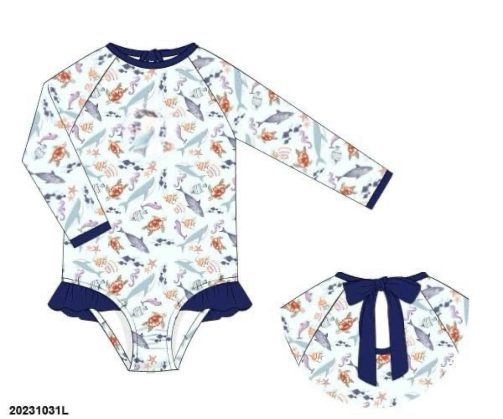 RTS: Ocean Friends- Girls 1pc Long Sleeve Rash Guard Swim