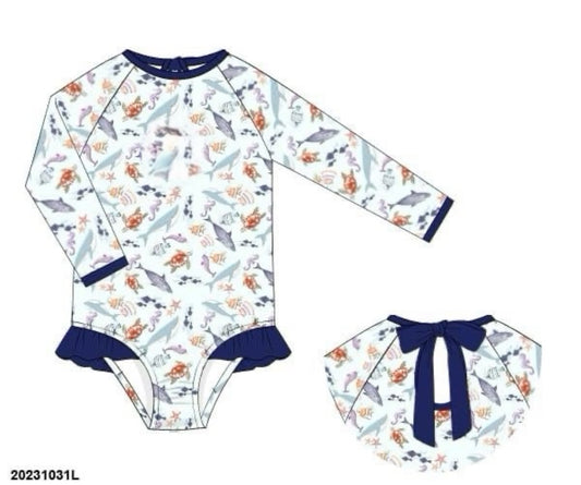 RTS: Ocean Friends- Girls 1pc Long Sleeve Rash Guard Swim