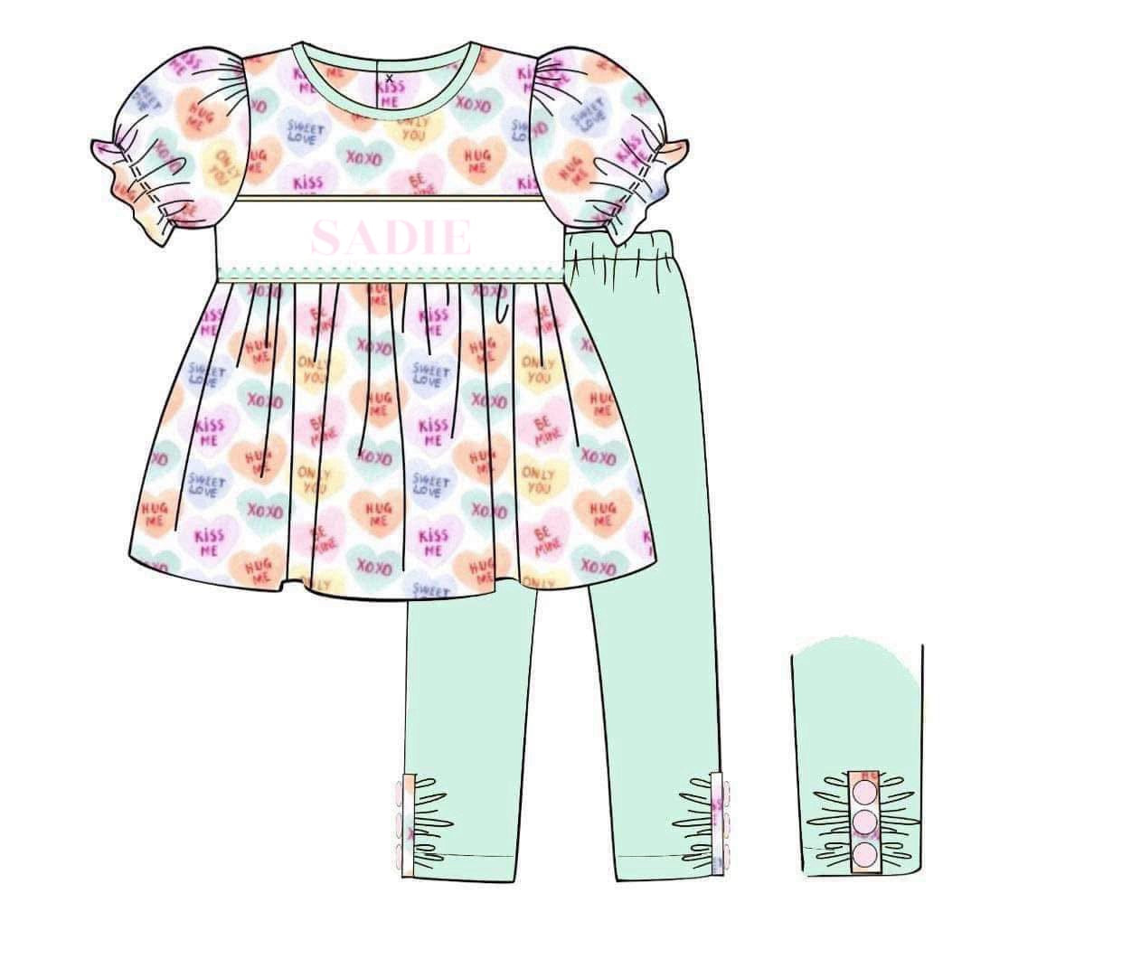 RTS: Valentine Name Smocks- Candy Hearts Girls Knit Legging Set “SADIE”