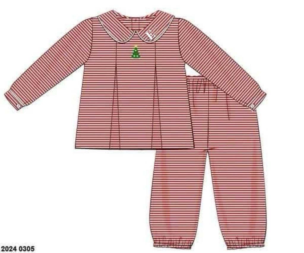 RTS: Embroidered Christmas Tree- Boys Knit Bubble Pant Set “E”