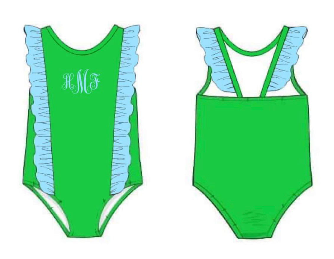 RTS: McCurry Green Swim Collection- Girls 1pc Rash Guard Swim “HMF” – Busy  Bee Smocks!