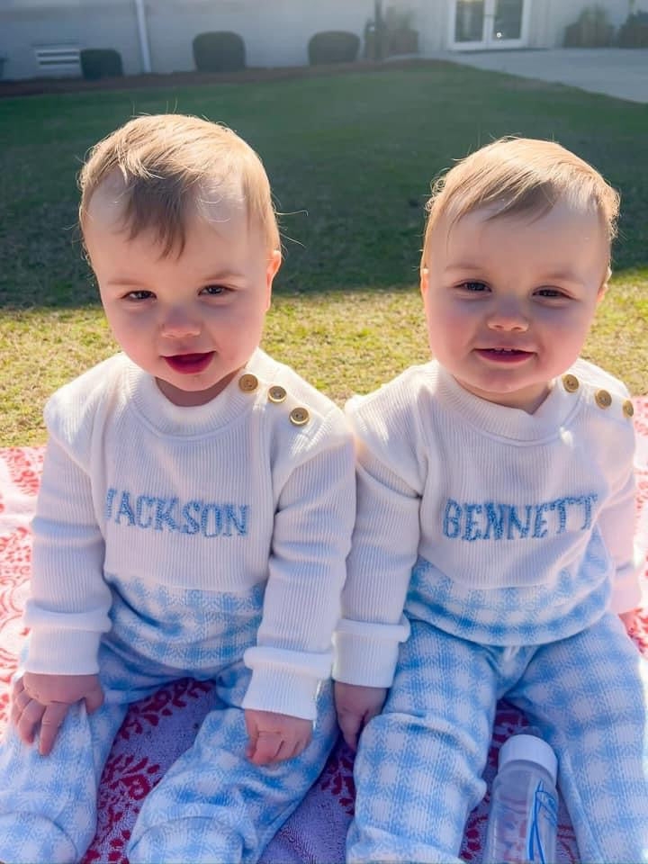 RTS: Blue & Pink Check Cardigan- Boys French Knot Jogger Set (Without Monogram)