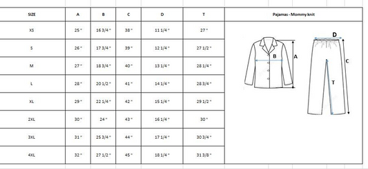 Mom Button Up Pjs Size Chart