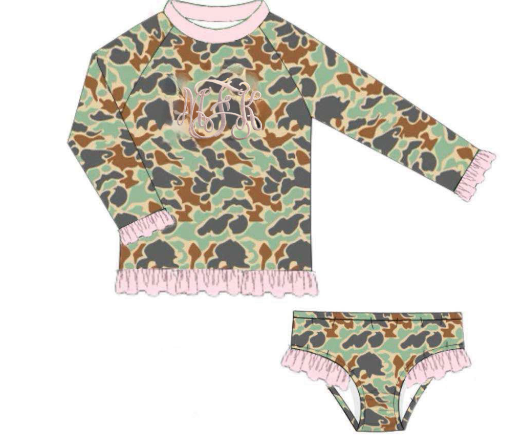 RTS: Camo Swim- Girls 2pc Long Sleeve Rash Guard Swim "MFK"