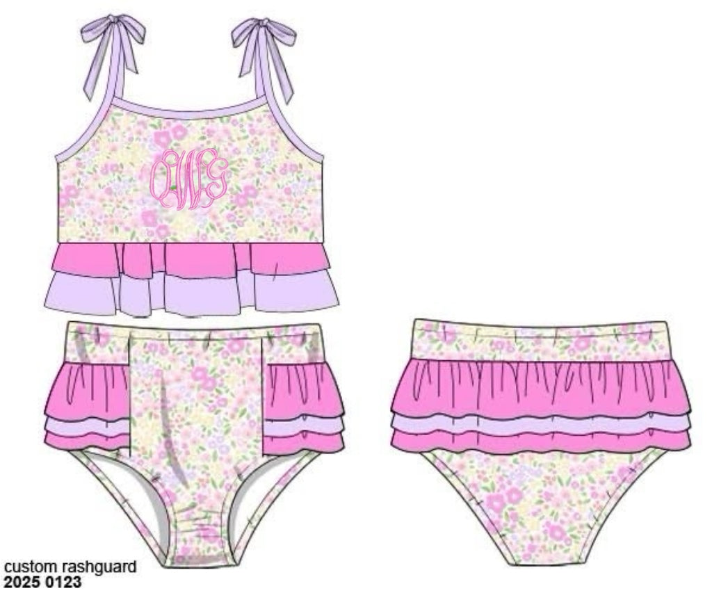 RTS: Brynn Floral Swim- Girls 2pc Sleeveless Rash Guard Swim "OWG"