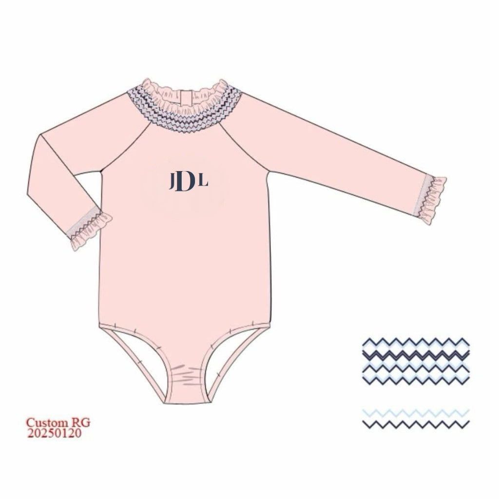 RTS: Navy Swim- Girls 1pc Smocked Long Sleeve Rash Guard Swim "JDL"