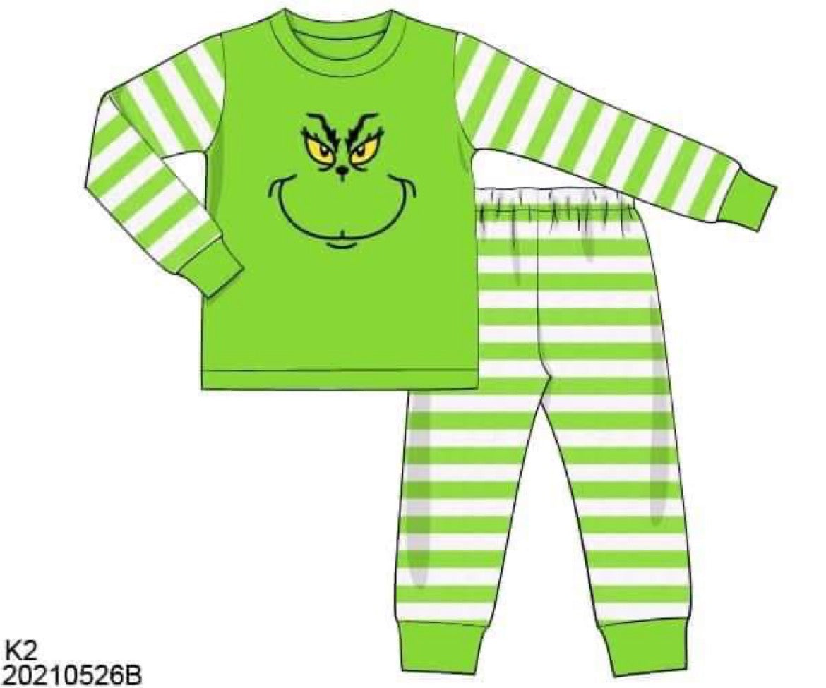 RTS: Mean Face- Boys Lime Green Face Knit Pjs