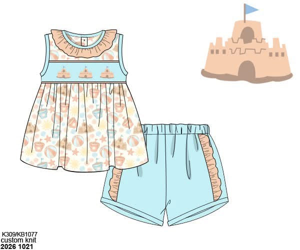 Pre Order 152: Sandcastle- Girls Smocked Short Set