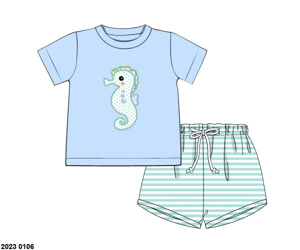 Pre Order 135: OG Seahorse- Boys Applique Shortie Set