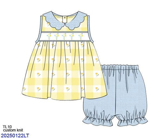 Pre Order 135: Girls Only- Yellow Floral Check Bubble Short Set