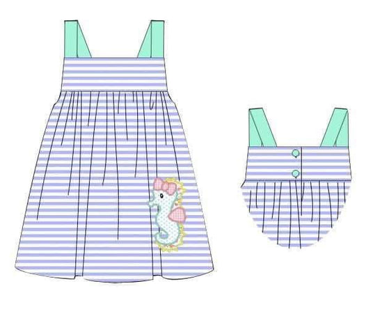 Pre Order 135: OG Seahorse- Girls Applique Dress