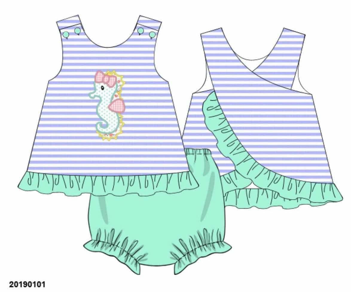 Pre Order 135: OG Seahorse- Girls Applique Bloomer Set