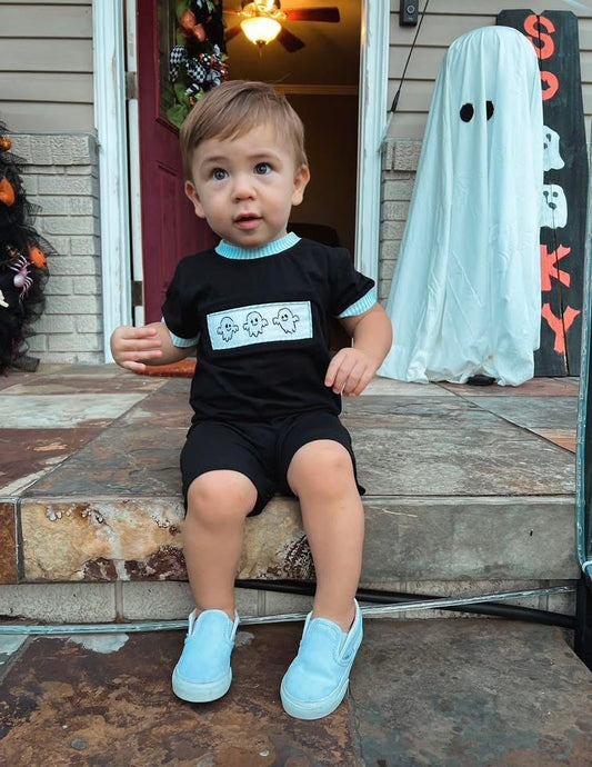 RTS: Gingham Ghost Re-Run- Boys Knit Romper