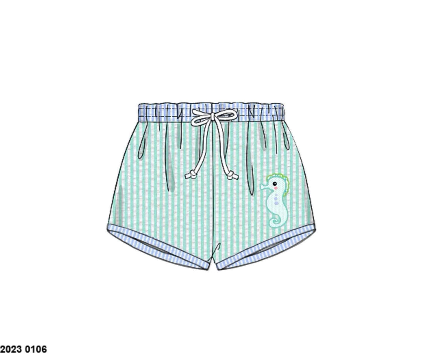 Pre Order 135: OG Seahorse- Boys Woven Applique Swim Shorties