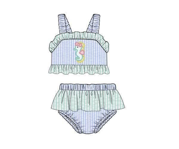 Pre Order 135: OG Seahorse- Girls Seersucker 2pc Applique Swim