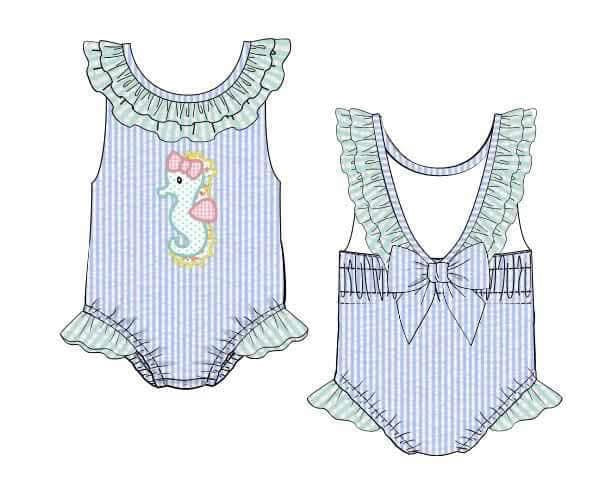 Pre Order 135: OG Seahorse- Girls Seersucker 1pc Applique Swim