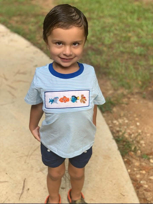 Pre Order 135: Just Keep Swimming- Boys Smocked Shortie Set
