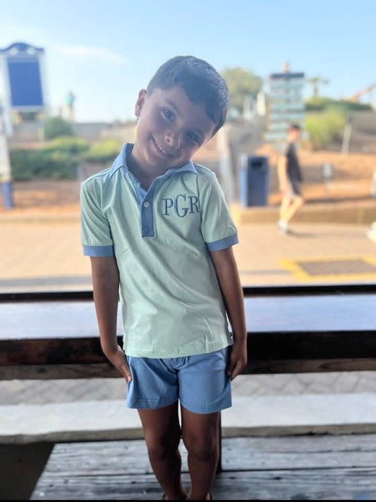Pre Order 135: Icy Mint- Boys Polo Traditional Short Set