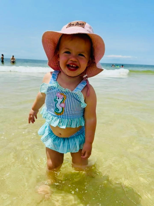 Pre Order 135: OG Seahorse- Girls Seersucker 2pc Applique Swim
