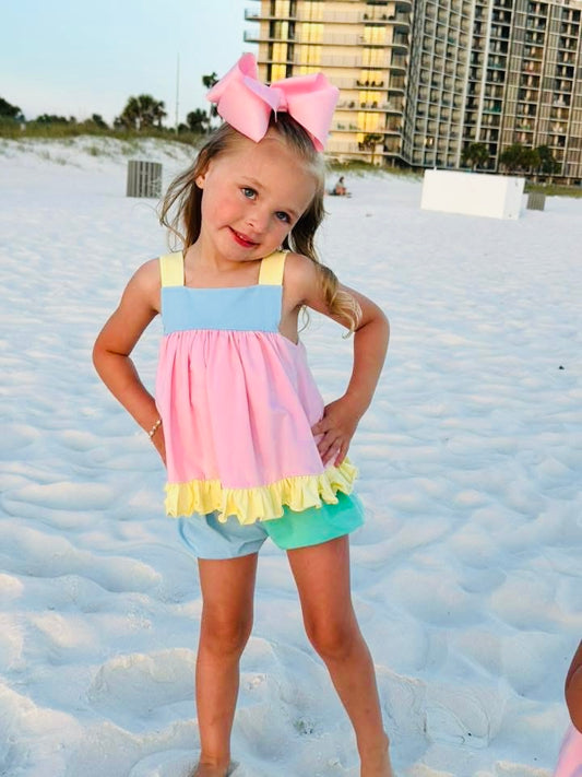 Pre Order 135: Sellers Colorblock- Girls Knit Bubble Short Set
