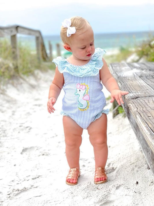 Pre Order 135: OG Seahorse- Girls Seersucker 1pc Applique Swim