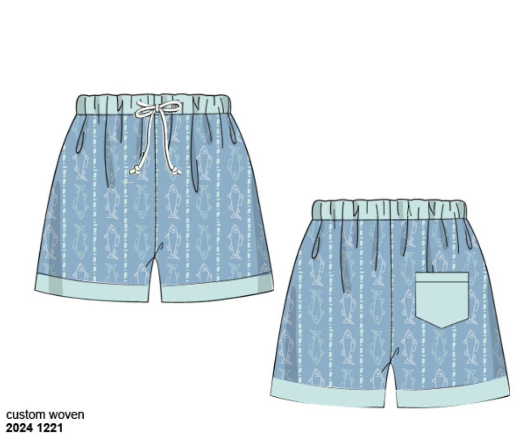 RTS: Tybee Fish- Dad/Mini Woven Traditional Swim Shorts