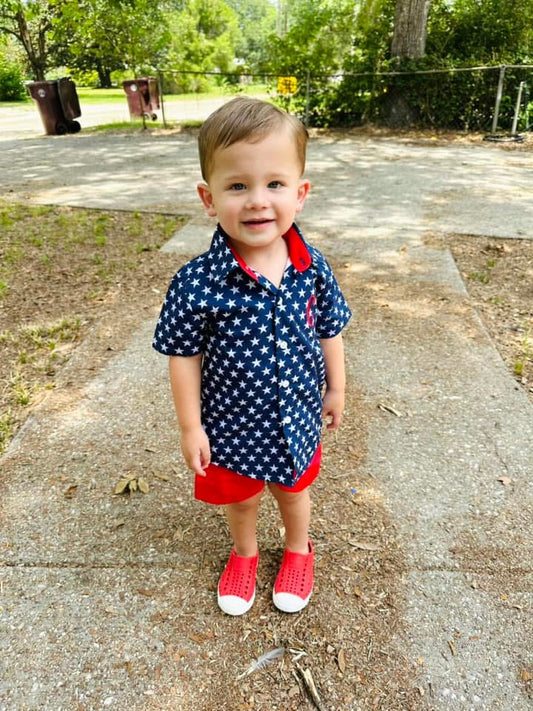 RTS: Navy Stars- Dad/Boys Woven Button Up Shirt