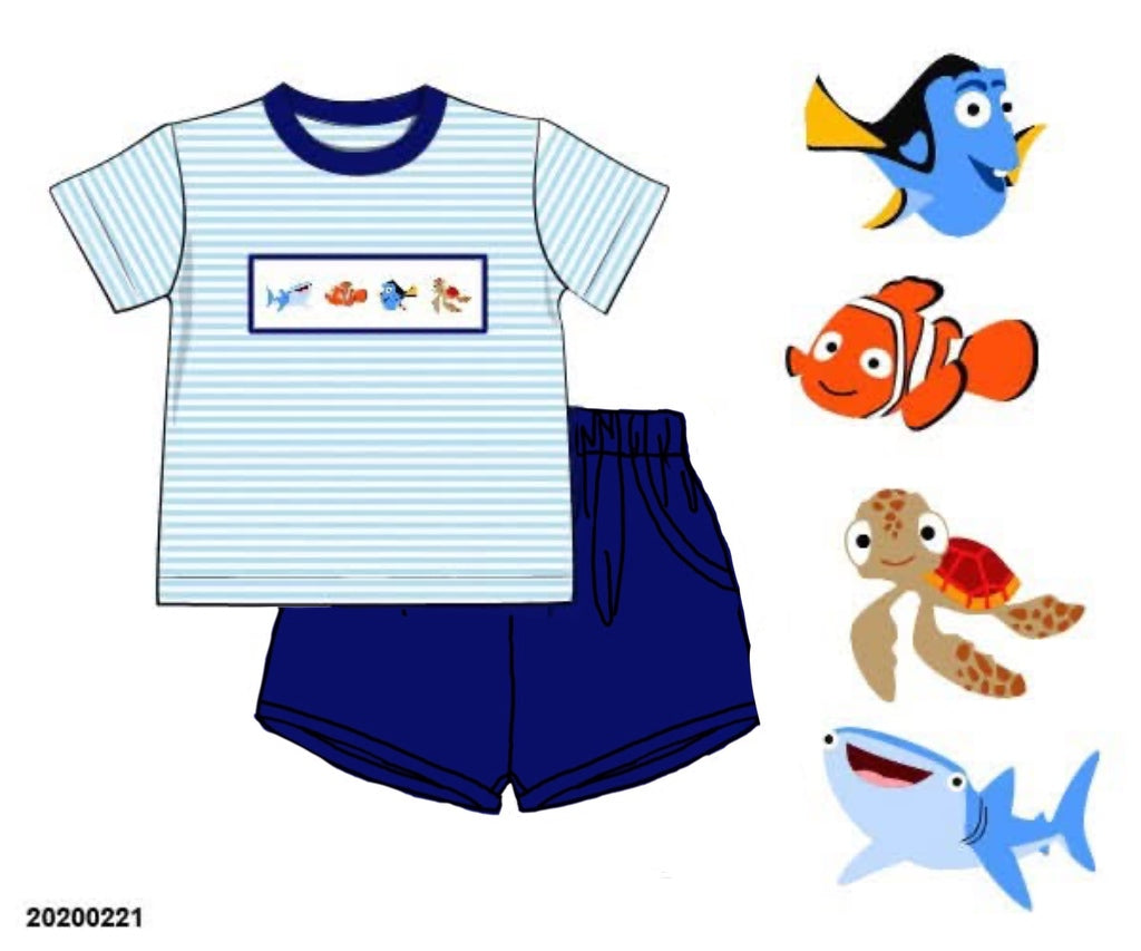 Pre Order 135: Just Keep Swimming- Boys Smocked Shortie Set