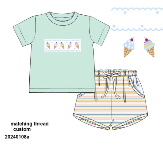 Pre Order 135: Ice Cream- Boys Smocked Shortie Set