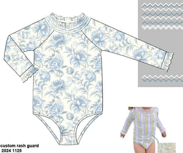 RTS: Wellington- Girls 1pc Smocked Long Sleeve Rash Guard Swim