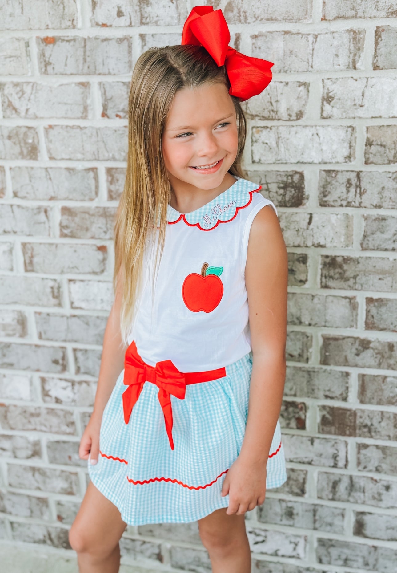 RTS: A is for Apple- Girls Seersucker Skort Set