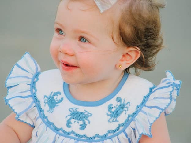 RTS: Blue Crabs & Fish- Girls Smocked Woven Bubble