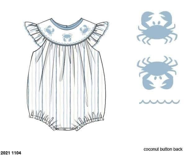 RTS: Blue Crabs & Fish- Girls Smocked Woven Bubble