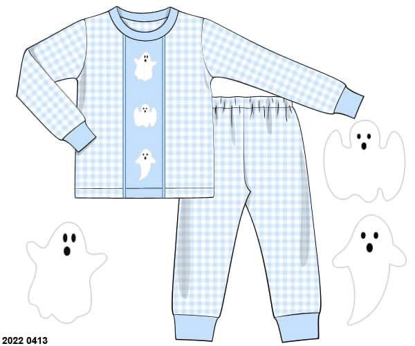 RTS: Spooky Lounge- Boys 2pc Blue Gingham Ghost