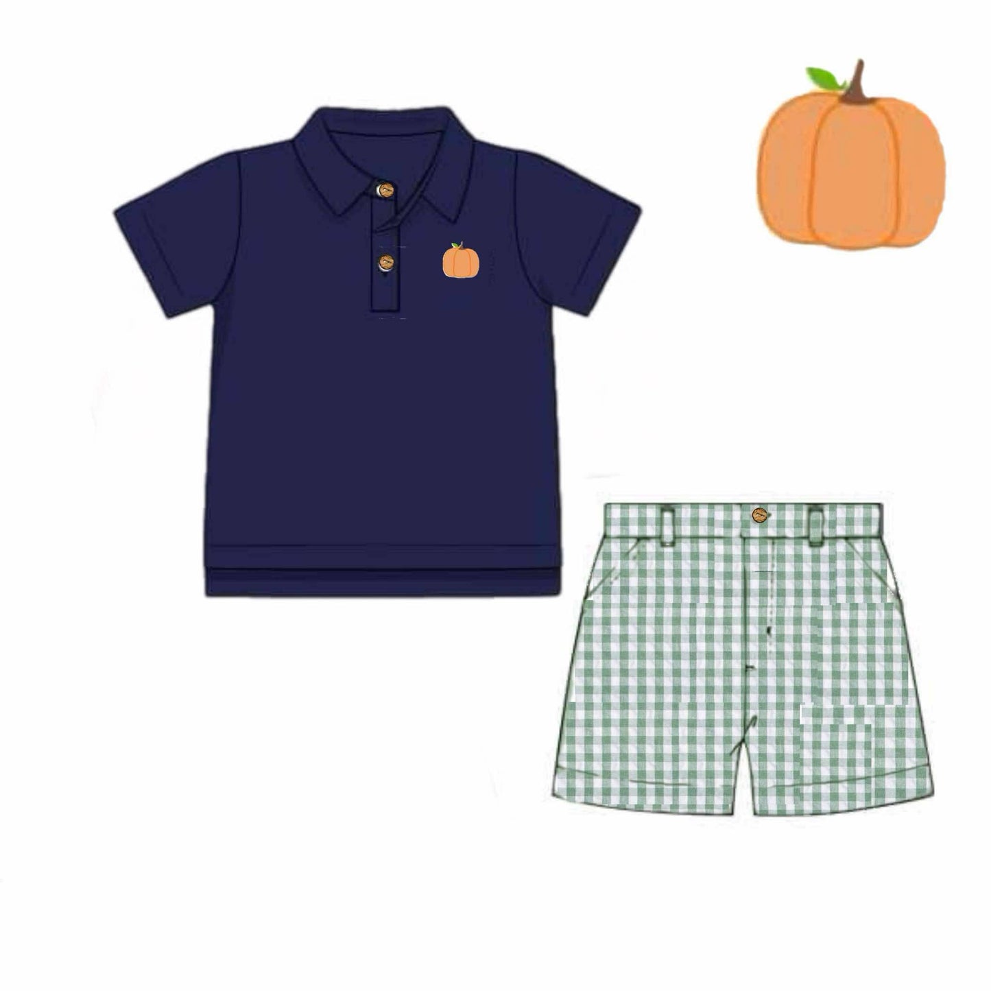 RTS: Navy & Seersucker Check Pumpkins- Boys Polo Traditional Short Set