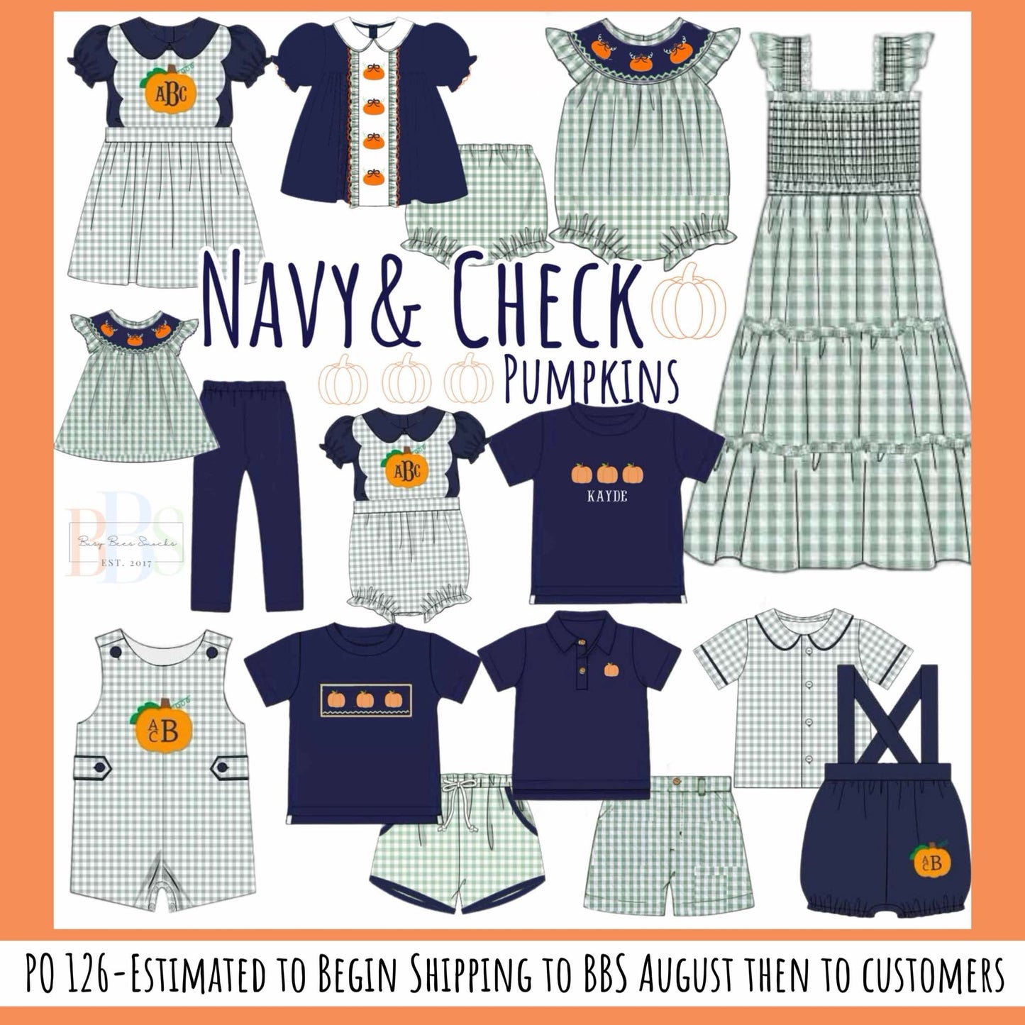Pre Order 126: Navy & Seersucker Check Pumpkins- Boys Smocked Shortie Set