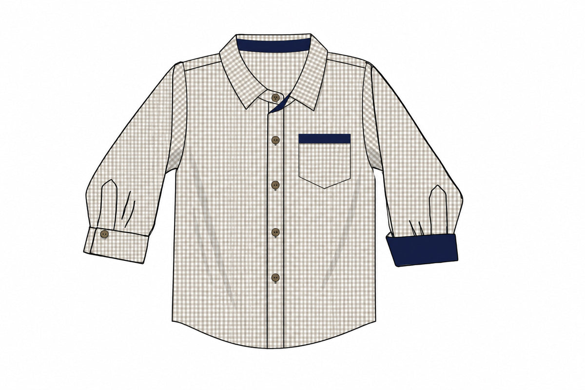 RTS: Navy & Tan Gingham- Boys Woven Button Up Shirt (No Monogram)