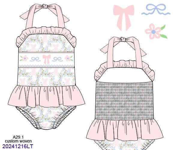 RTS: Chandler Bows- Girls 1pc Smocked Rash Guard Swim