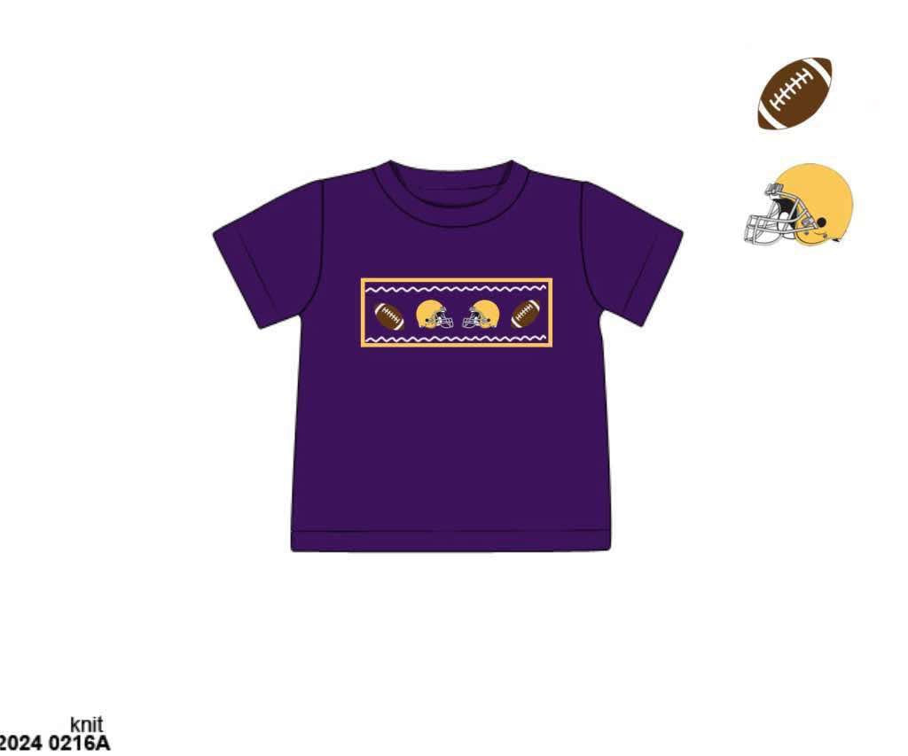 RTS: Smocked Footballs- Purple & Gold Boys Knit Shirt