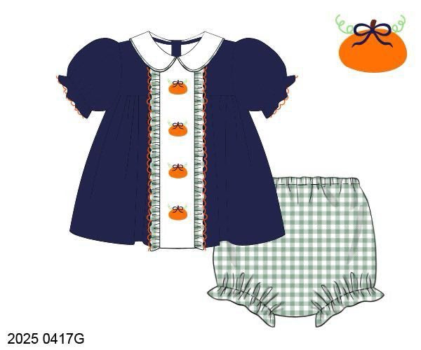 RTS: Navy & Seersucker Check Pumpkins- Girls Bloomer Set