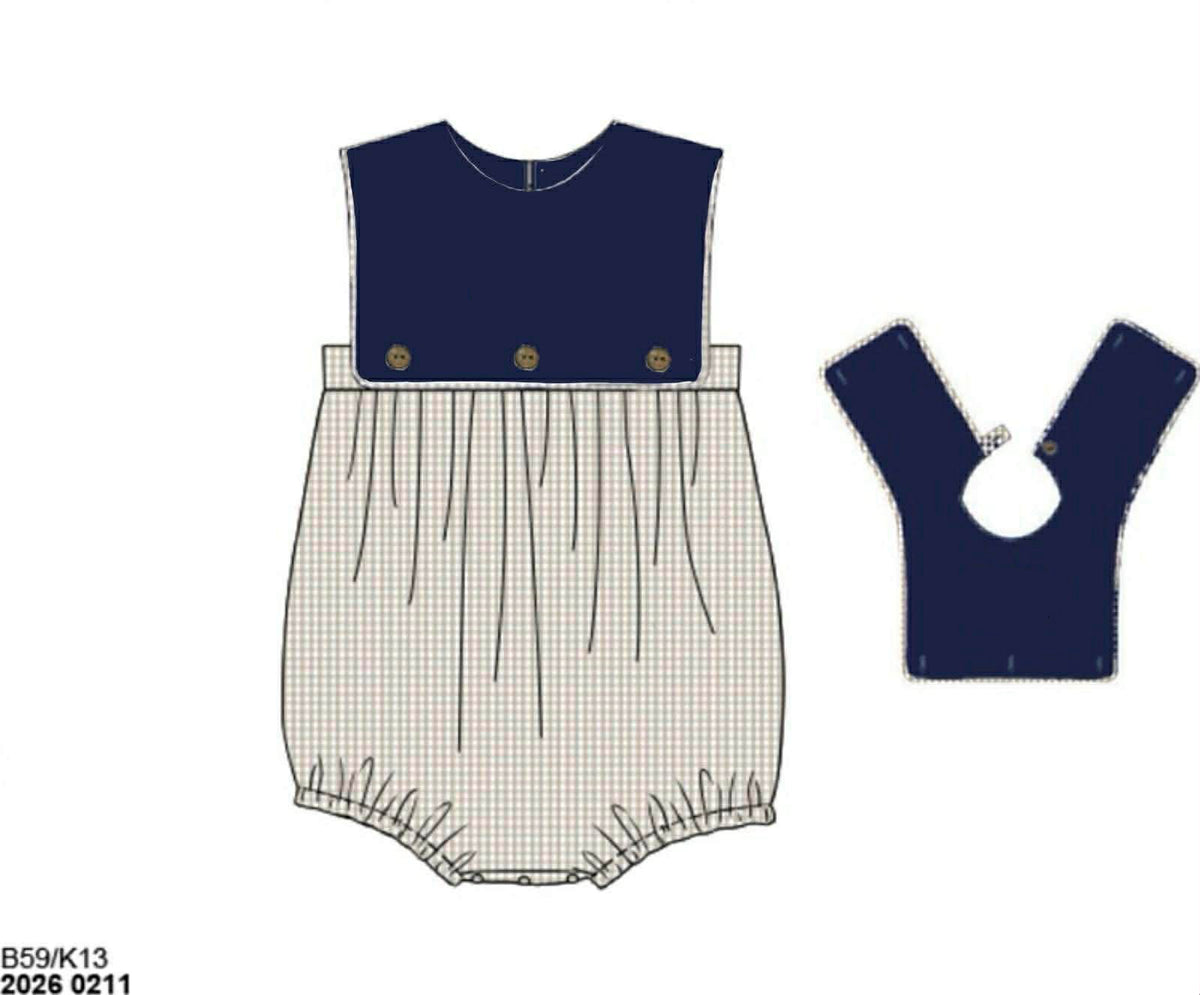 RTS: Navy & Tan Gingham- Boys Woven Bubble