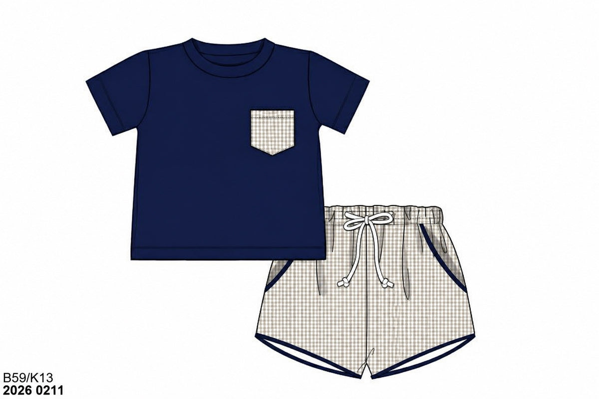 RTS: Navy & Tan Gingham- Boys Woven Shortie Set