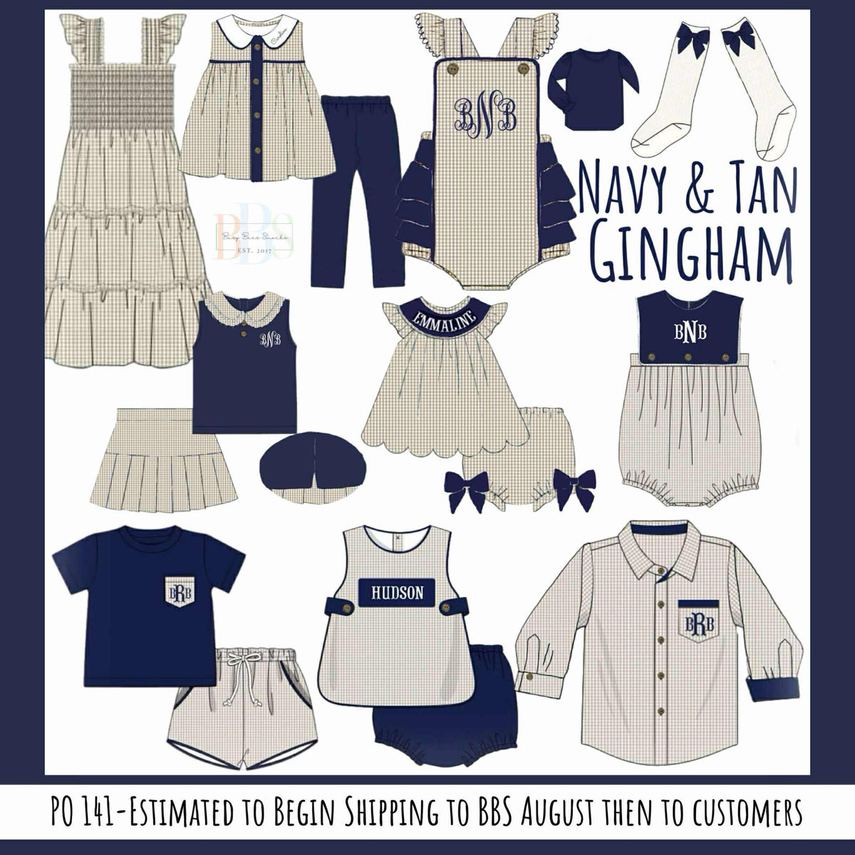 RTS: Navy & Tan Gingham- Girls Bow Socks