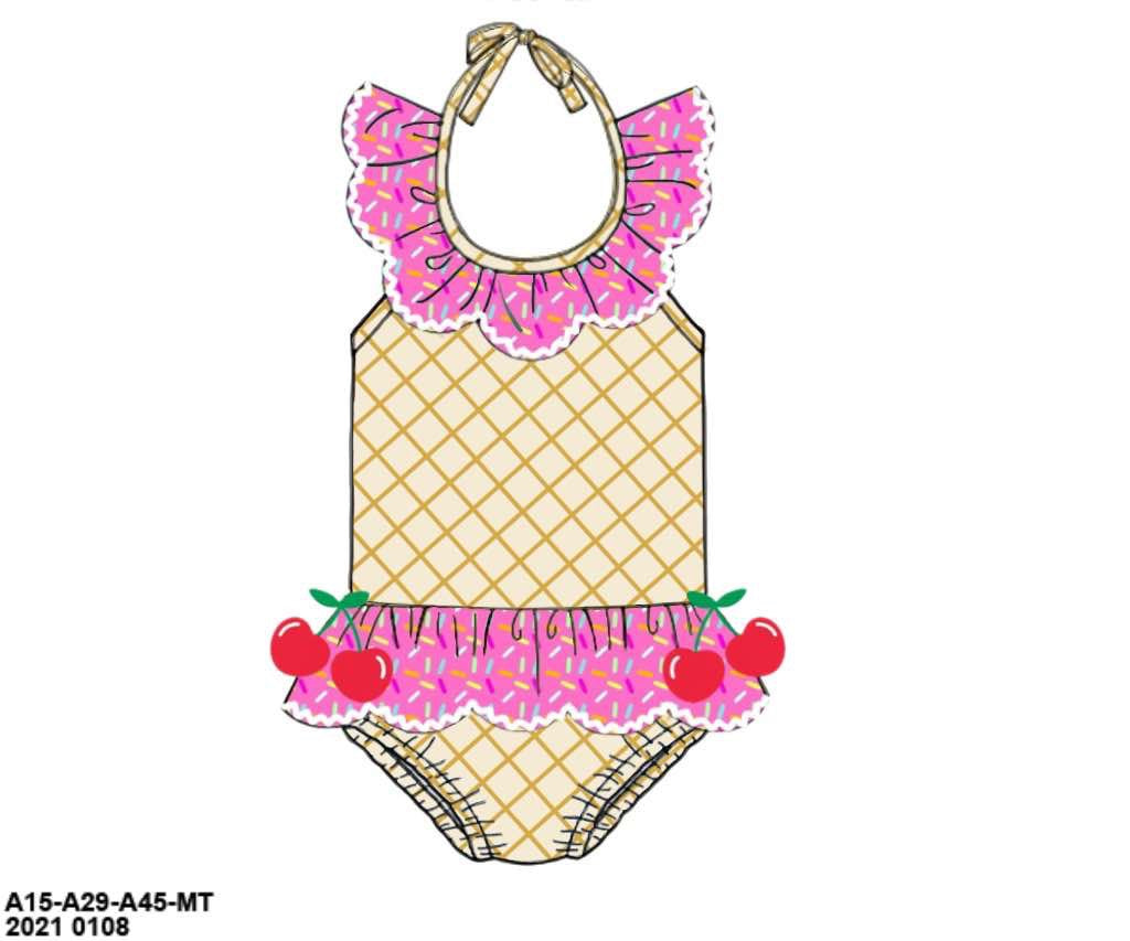 RTS: Sprinkle Swim- Girls Pink 1pc Ruffle Rash Guard Swim