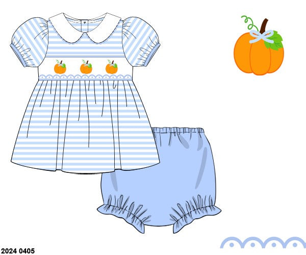RTS: Connor's Smocked Pumpkins- Girls Knit Bloomer Set