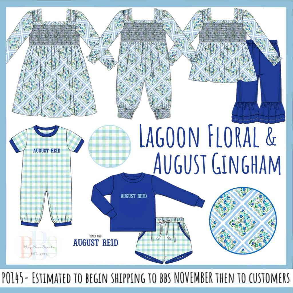 Pre Order 145: Lagoon Floral & August Gingham- Girls Knit Ruffle Pant Set