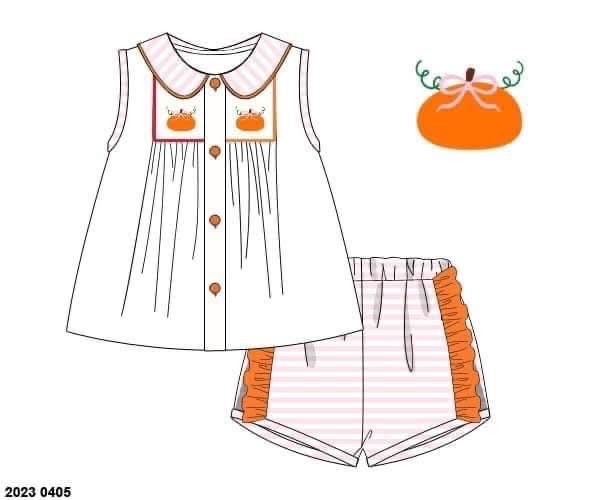 RTS: Simple Pumpkins- Girls Smocked Knit Shortie Set