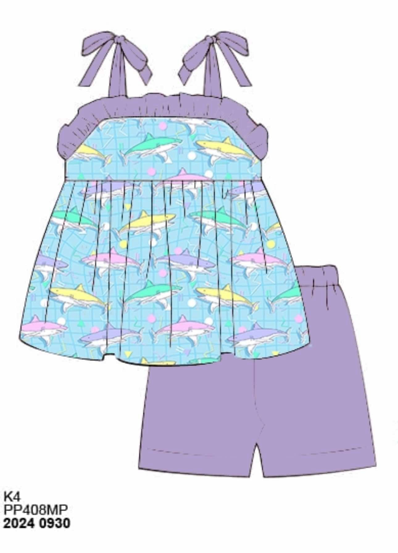 RTS: Nostalgic Sharks- Girls Knit Biker Short Set