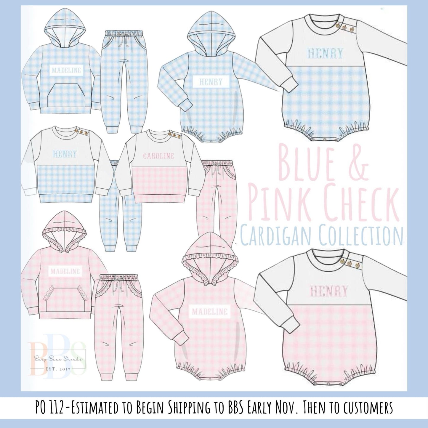 RTS: Blue & Pink Check Cardigan- Boys French Knot Jogger Set (Without Monogram)